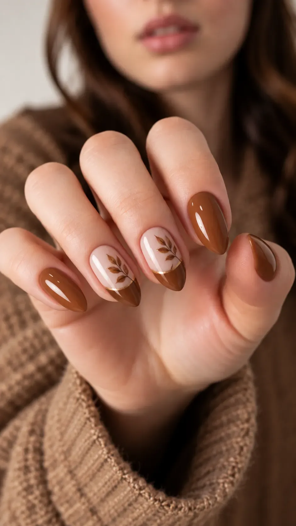 Fall almond nails in warm brown with a nude leaf accent nail Fall almond nails in warm brown with a nude leaf accent nail