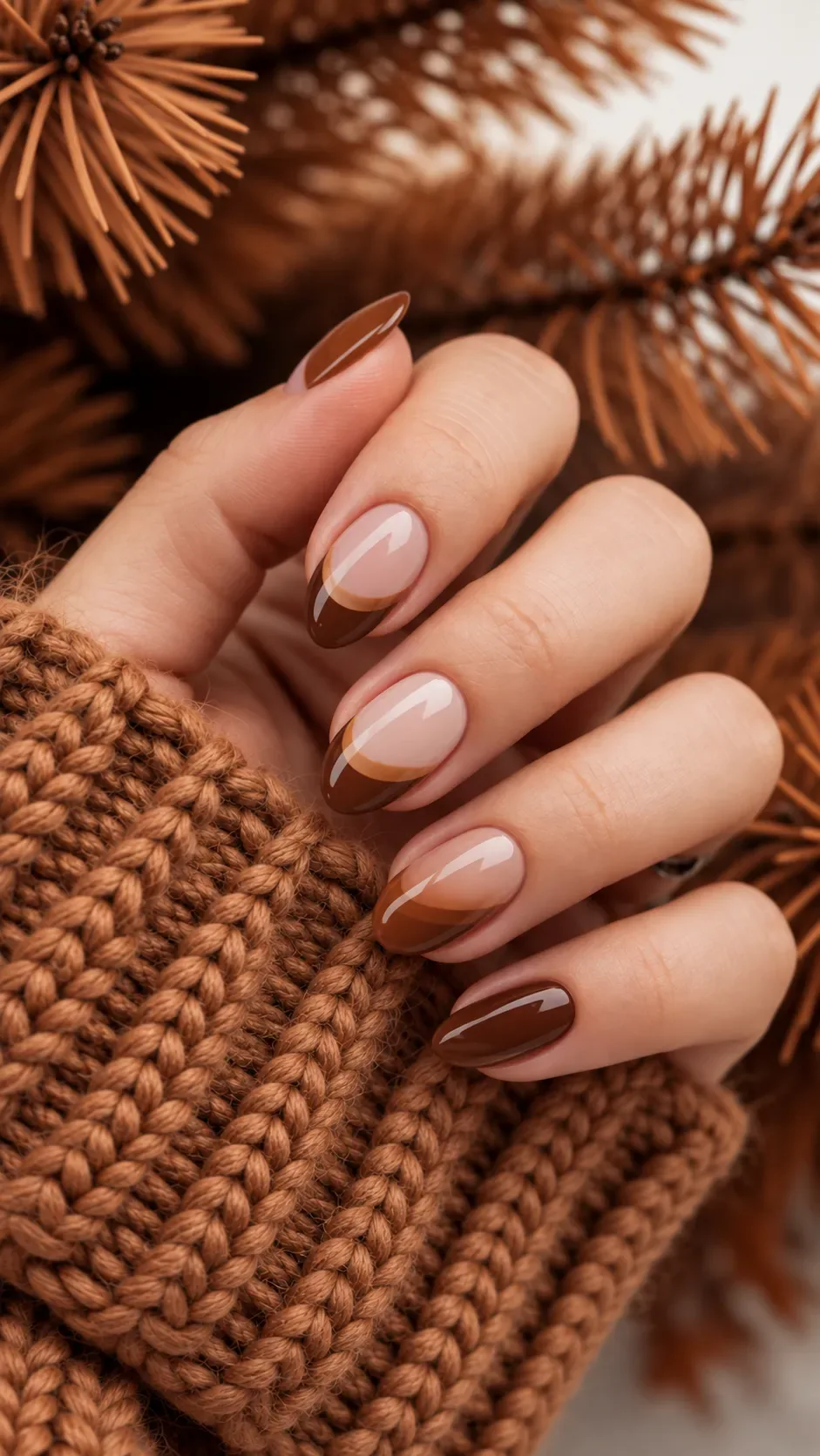 Nude fall almond nails with caramel french tips Nude fall almond nails with caramel french tips