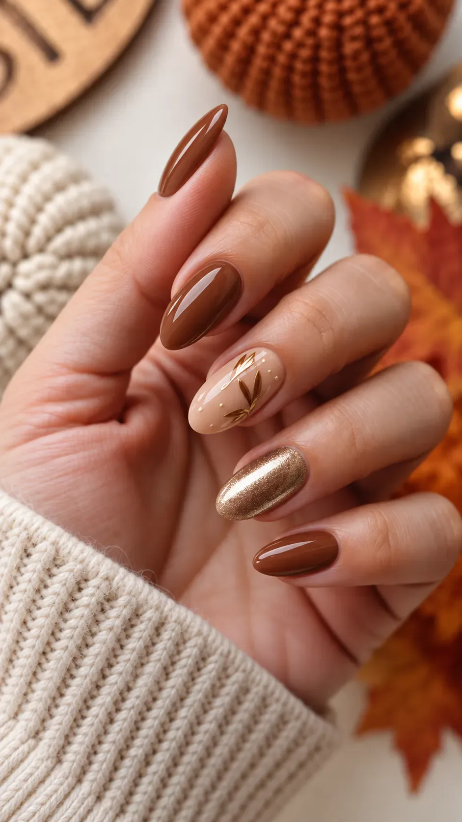 Fall almond nails in caramel with a gold chrome nail and leaf accent Fall almond nails in caramel with a gold chrome nail and leaf accent