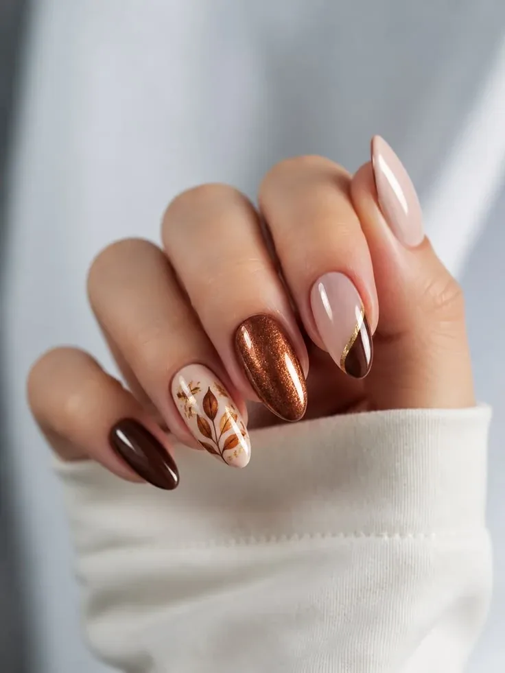 Chocolate fall almond nails with copper chrome and a leaf accent Chocolate fall almond nails with copper chrome and a leaf accent