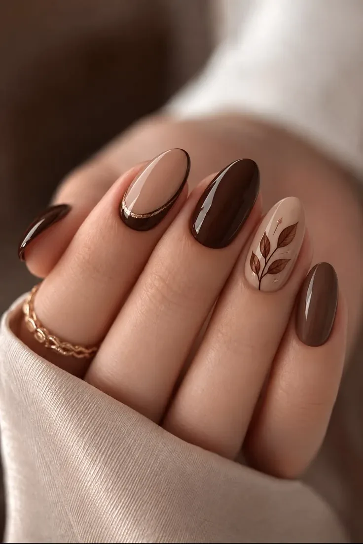 Chocolate and nude fall almond nails with a gold stripe and leaf accent Chocolate and nude fall almond nails with a gold stripe and leaf accent