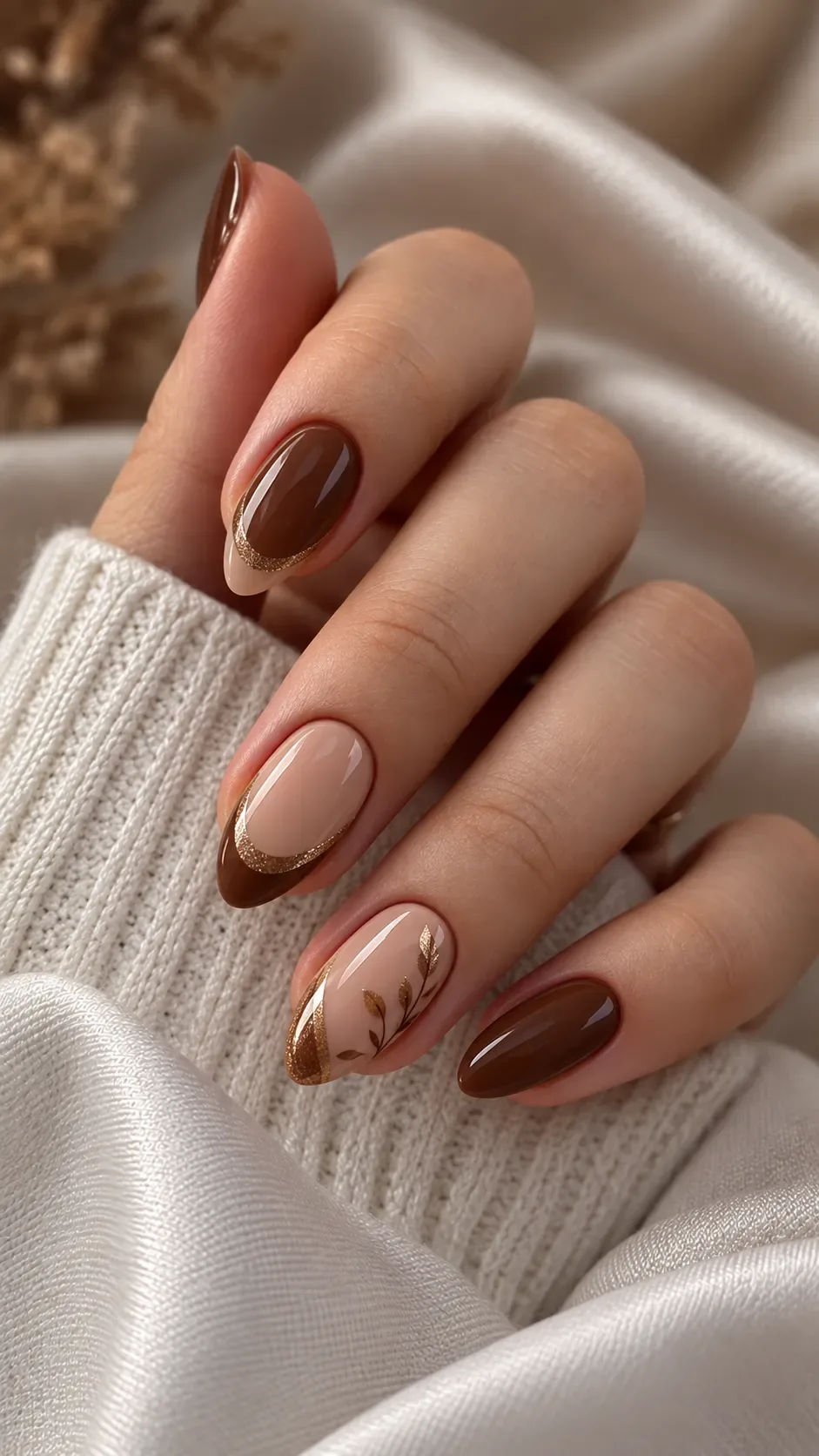 Chocolate brown and nude fall almond nails with painted leaf art Chocolate brown and nude fall almond nails with painted leaf art