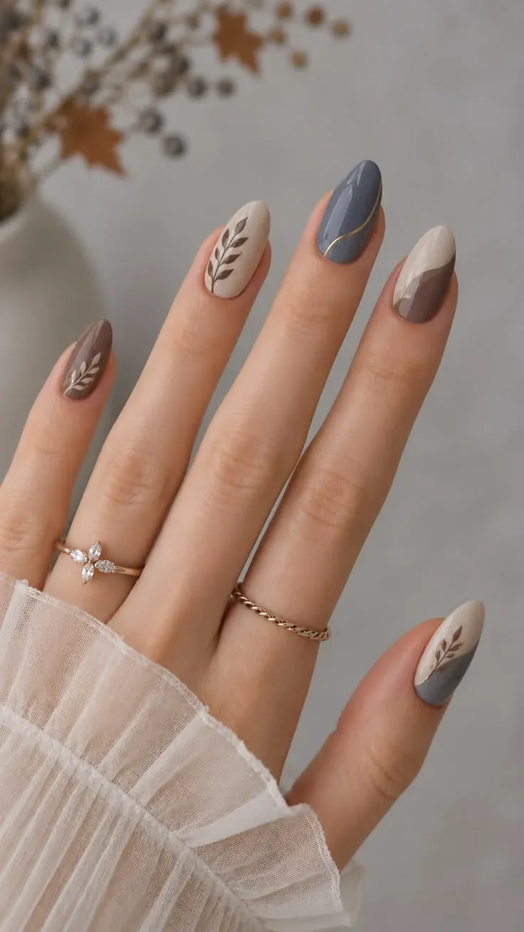 Grey and taupe fall almond nails with fine leaf line accents Grey and taupe fall almond nails with fine leaf line accents
