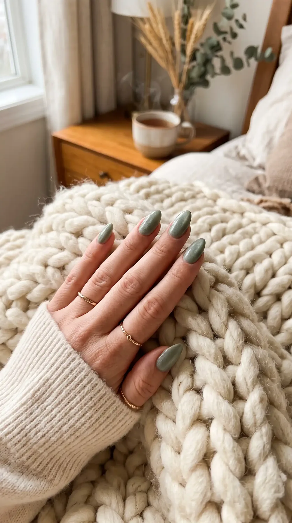 Sage green fall almond nails with a soft velvet finish Sage green fall almond nails with a soft velvet finish