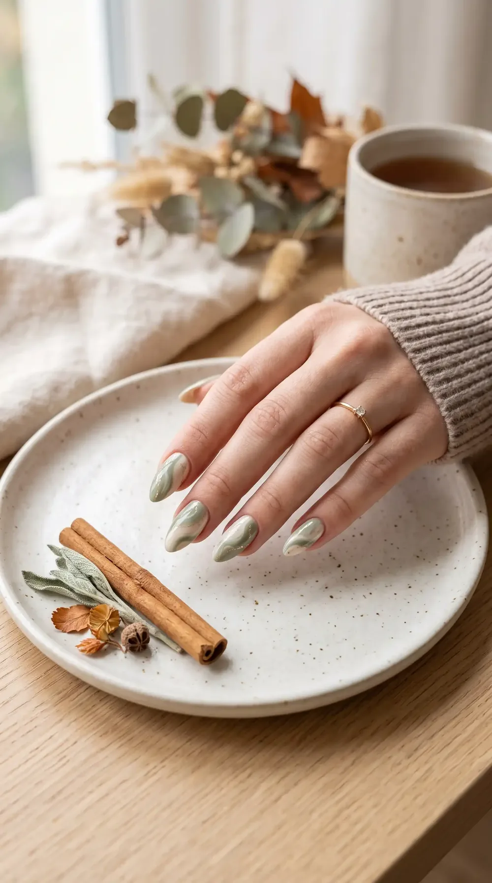 Sage and grey fall almond nails with soft swirl accents Sage and grey fall almond nails with soft swirl accents