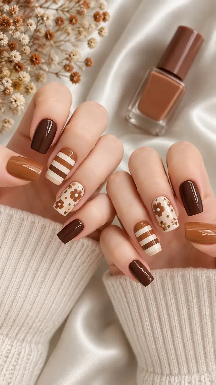 Fall square nails in brown, caramel and cream with stripes and polka dots Fall square nails in brown, caramel and cream with stripes and polka dots