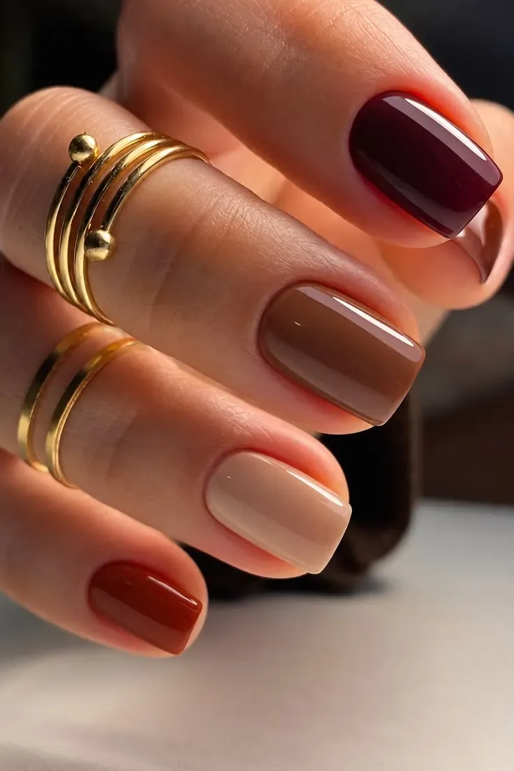 Fall square nails in burgundy, mocha, nude and rust Fall square nails in burgundy, mocha, nude and rust