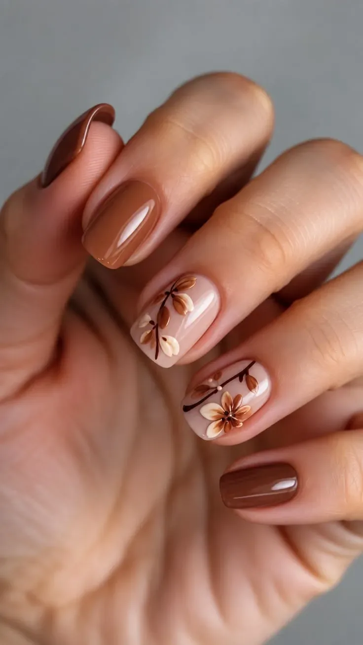 Caramel fall square nails with autumn floral accent nails Caramel fall square nails with autumn floral accent nails