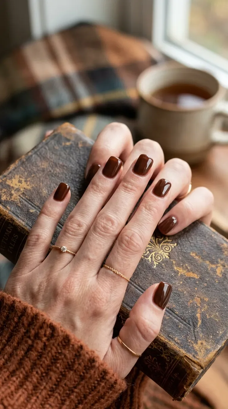 Classic glossy chocolate brown fall square nails Classic glossy chocolate brown fall square nails