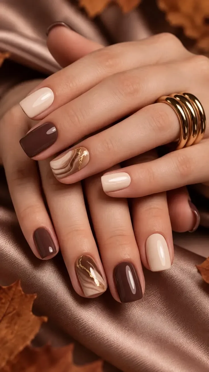 Fall square nails in chocolate and cream with gold swirl accents Fall square nails in chocolate and cream with gold swirl accents