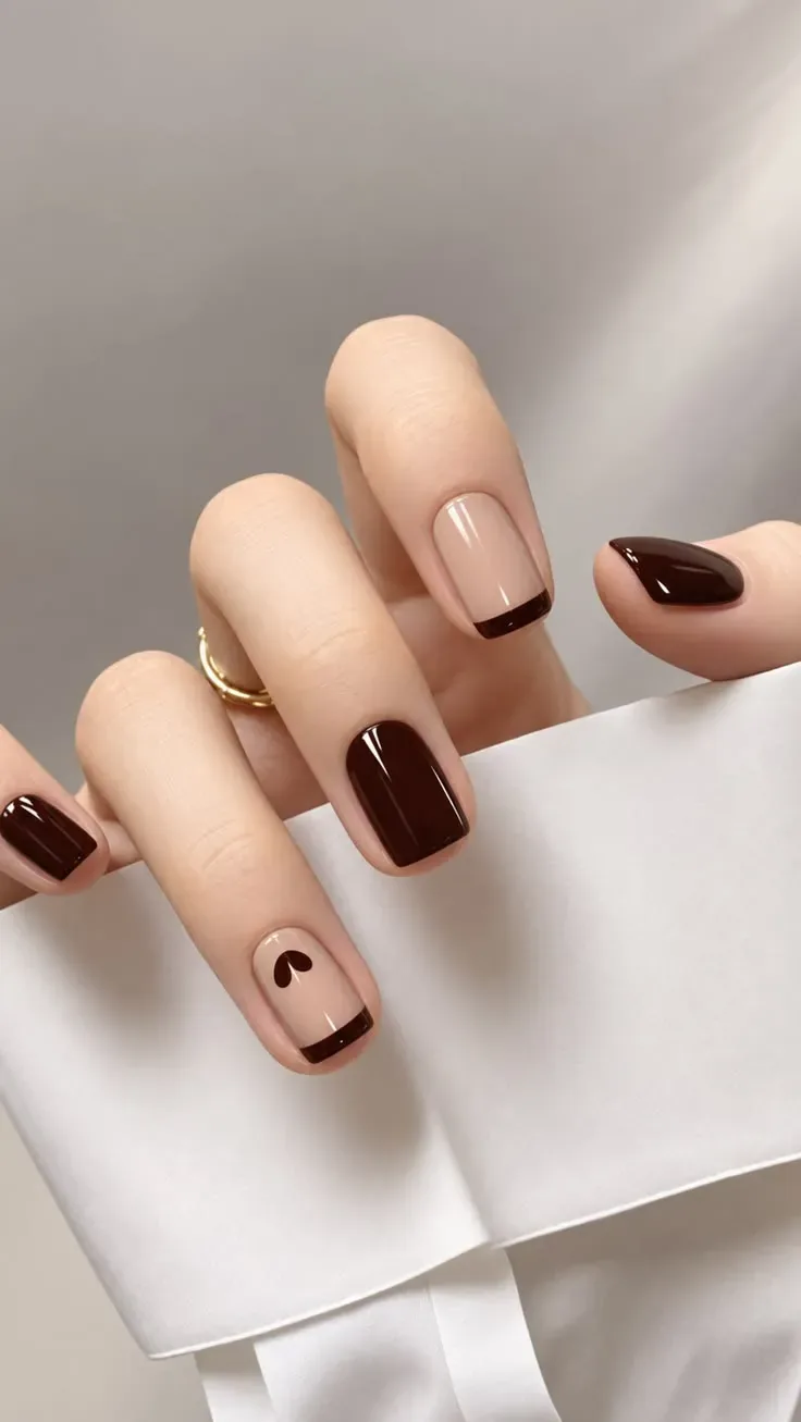 Nude fall square nails with chocolate french tips and a minimalist arch accent Nude fall square nails with chocolate french tips and a minimalist arch accent