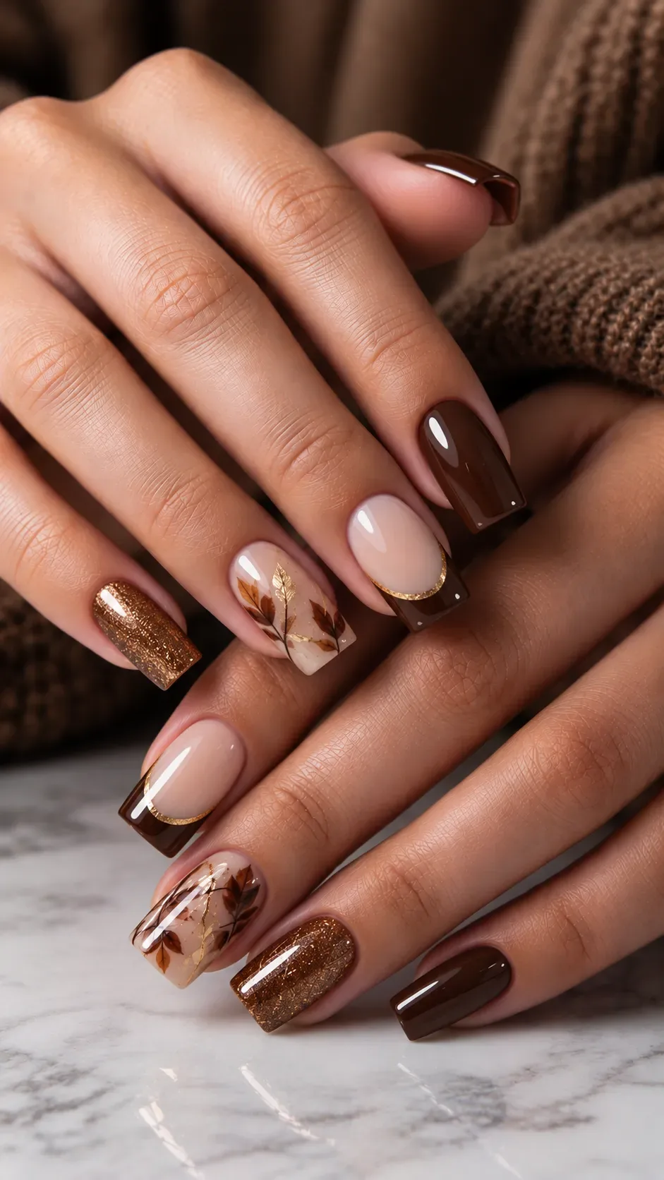 Fall square nails with gold outlined chocolate french tips, copper glitter and leaf accents Fall square nails with gold outlined chocolate french tips, copper glitter and leaf accents