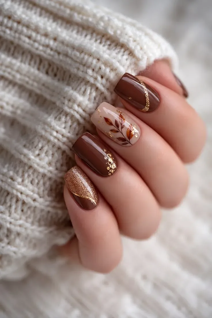 Fall square nails in chocolate and nude with gold glitter and leaf details Fall square nails in chocolate and nude with gold glitter and leaf details
