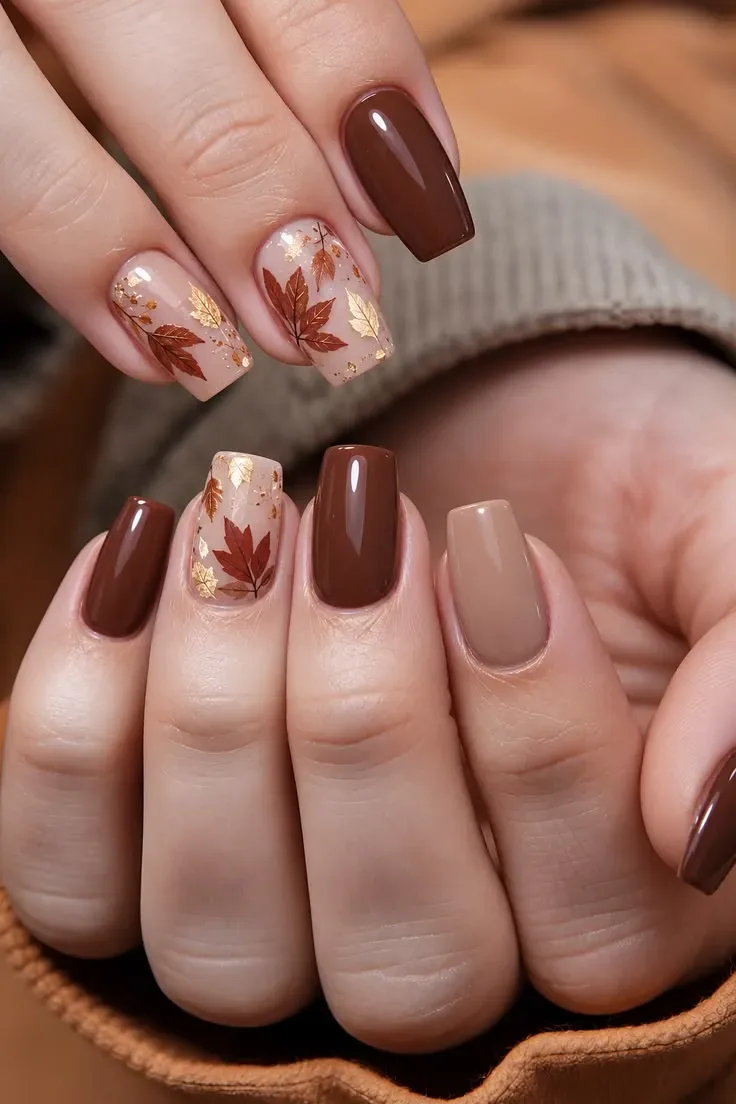 Chocolate and nude fall square nails with maple leaf designs Chocolate and nude fall square nails with maple leaf designs