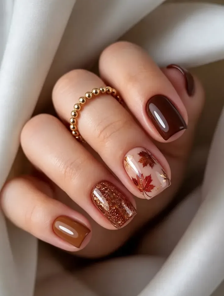 Fall square nails in chocolate and caramel with a red leaf and glitter accent Fall square nails in chocolate and caramel with a red leaf and glitter accent
