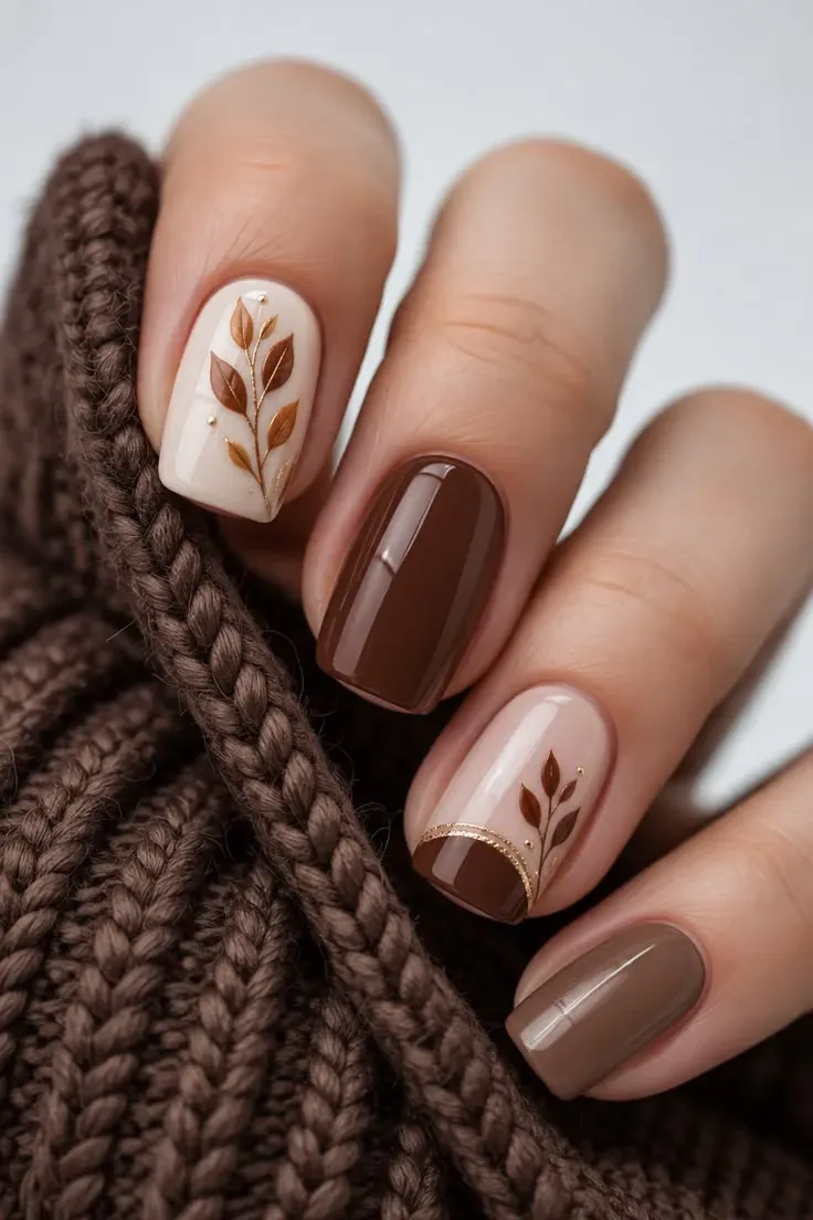 Fall square nails in cream, chocolate and taupe with painted leaves Fall square nails in cream, chocolate and taupe with painted leaves