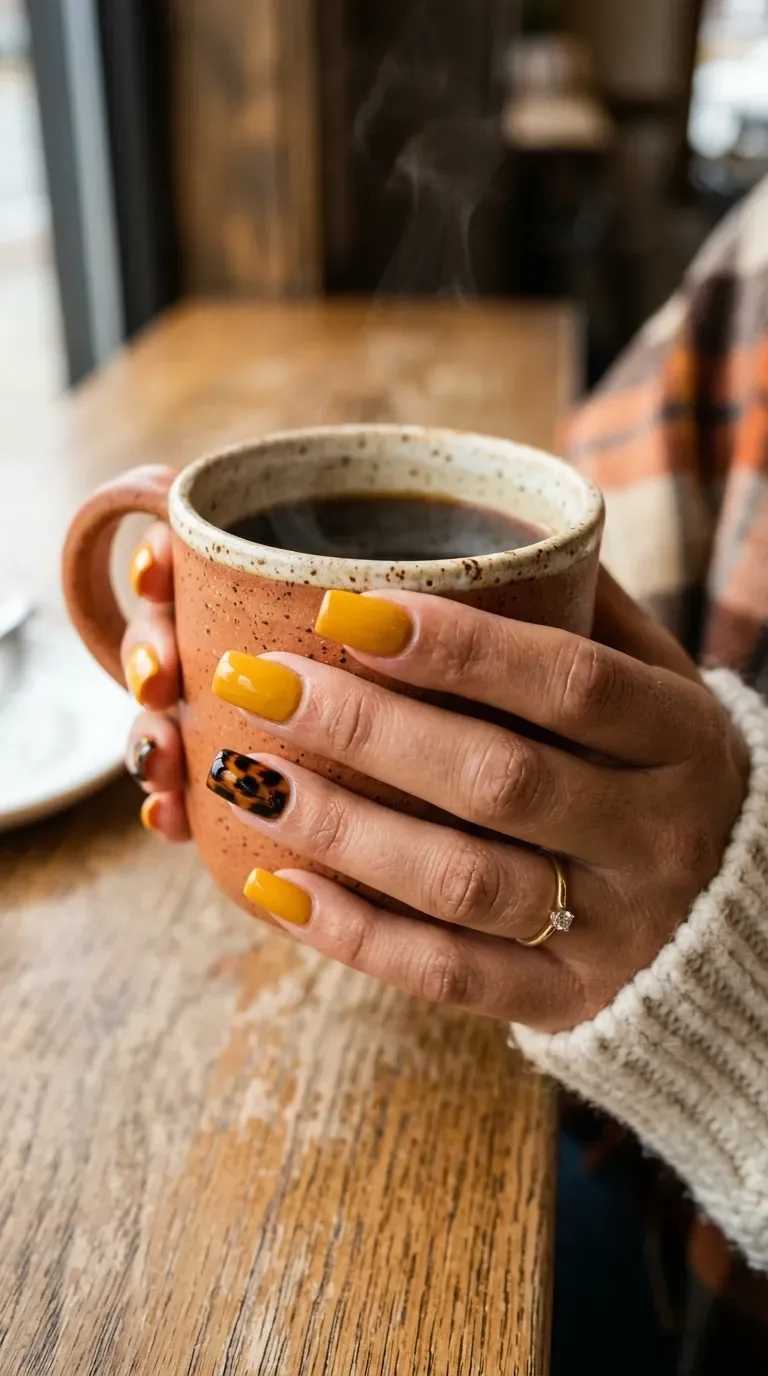 Mustard yellow fall square nails with a checkered accent nail Mustard yellow fall square nails with a checkered accent nail