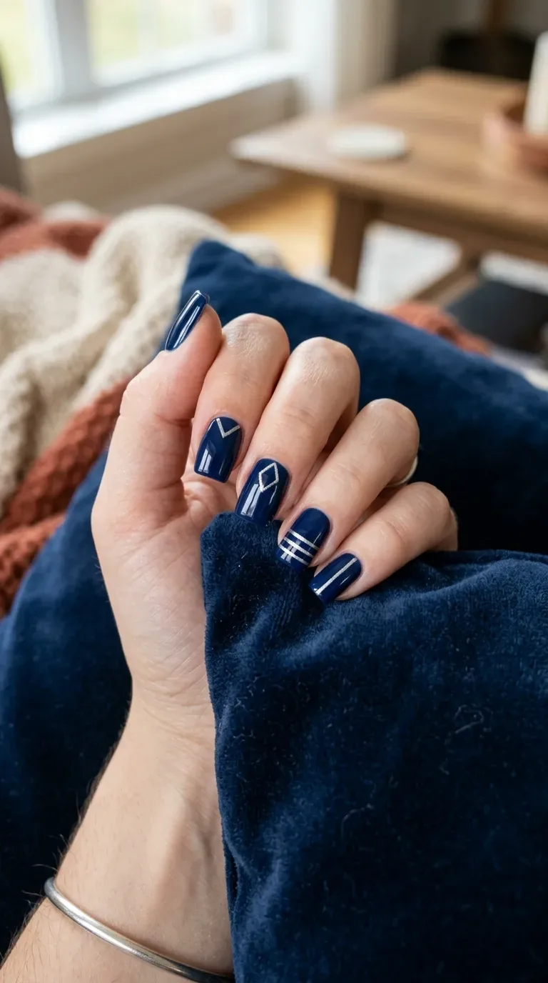 Navy blue fall square nails with metallic line accents Navy blue fall square nails with metallic line accents