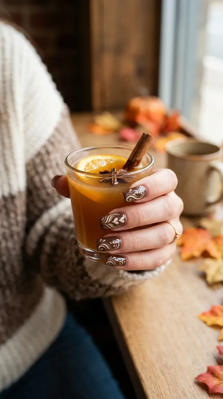 Nude fall square nails with soft brown marble swirls Nude fall square nails with soft brown marble swirls