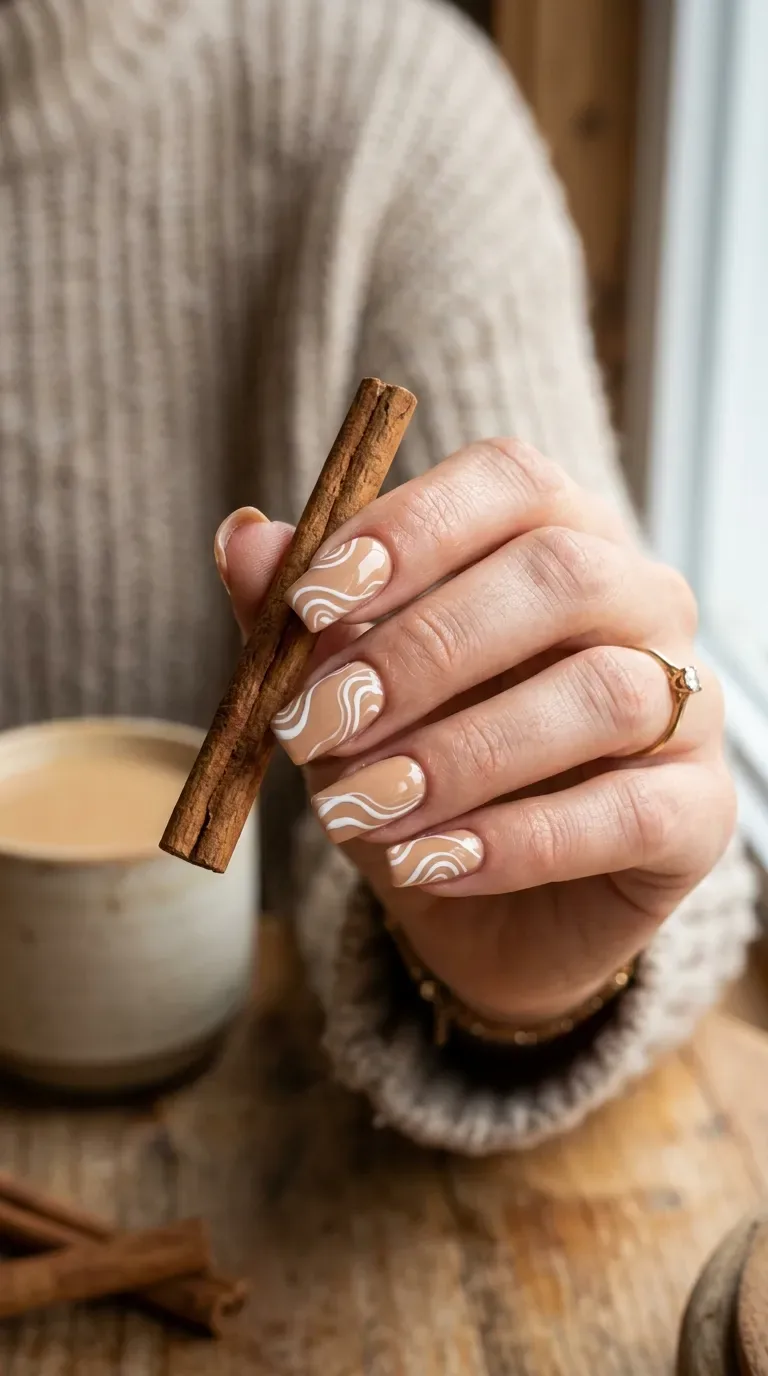 Nude fall square nails with white and brown swirl lines Nude fall square nails with white and brown swirl lines