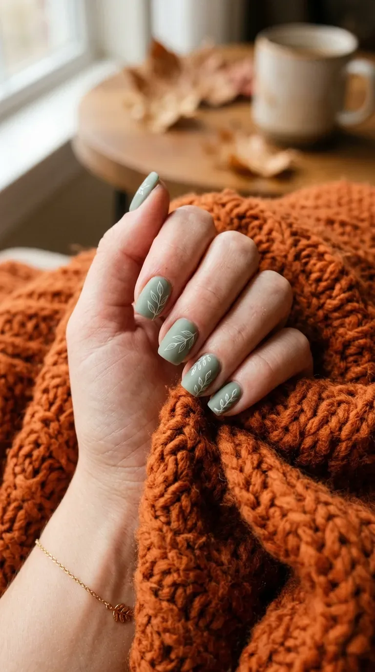 Sage green fall square nails with fine leaf line art Sage green fall square nails with fine leaf line art