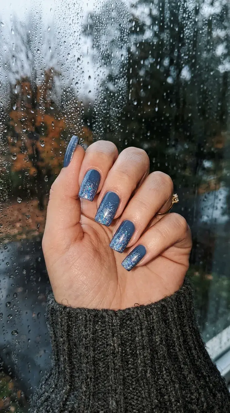 Slate blue fall square nails with a soft shimmer Slate blue fall square nails with a soft shimmer