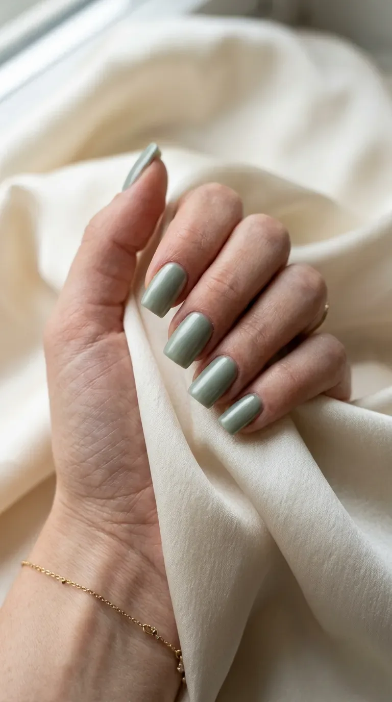 Soft sage green fall square nails with a smooth finish Soft sage green fall square nails with a smooth finish