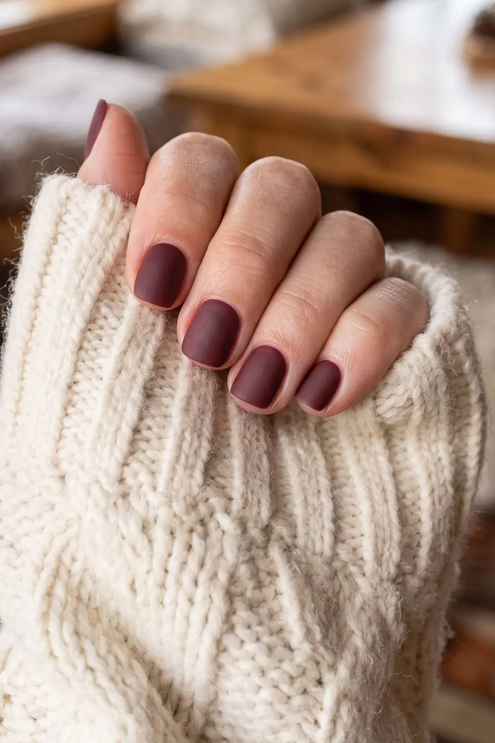 Short burgundy fall nails against a cream knit sweater Short burgundy fall nails against a cream knit sweater