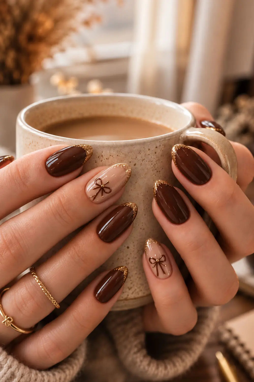 Short chocolate brown fall nails with tiny bow accents Short chocolate brown fall nails with tiny bow accents