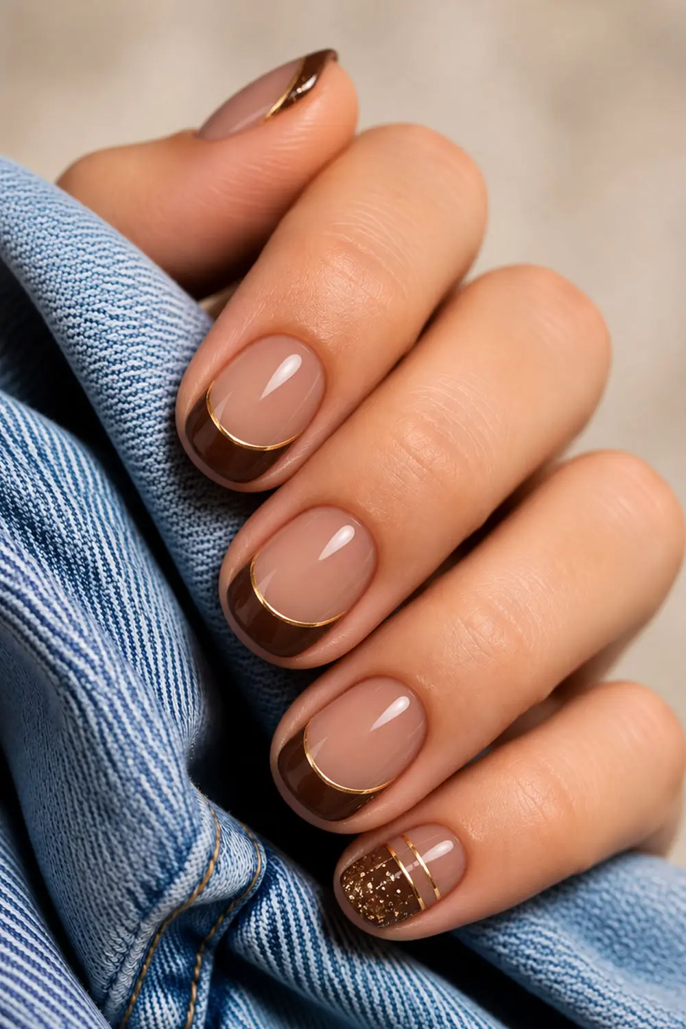 Short nude fall nails with chocolate french tips and a gold glitter accent Short nude fall nails with chocolate french tips and a gold glitter accent