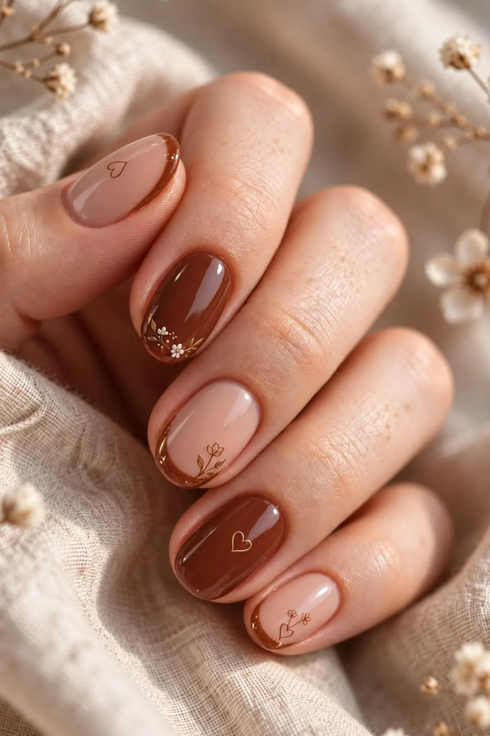 Short chocolate and nude fall nails with gold floral details Short chocolate and nude fall nails with gold floral details