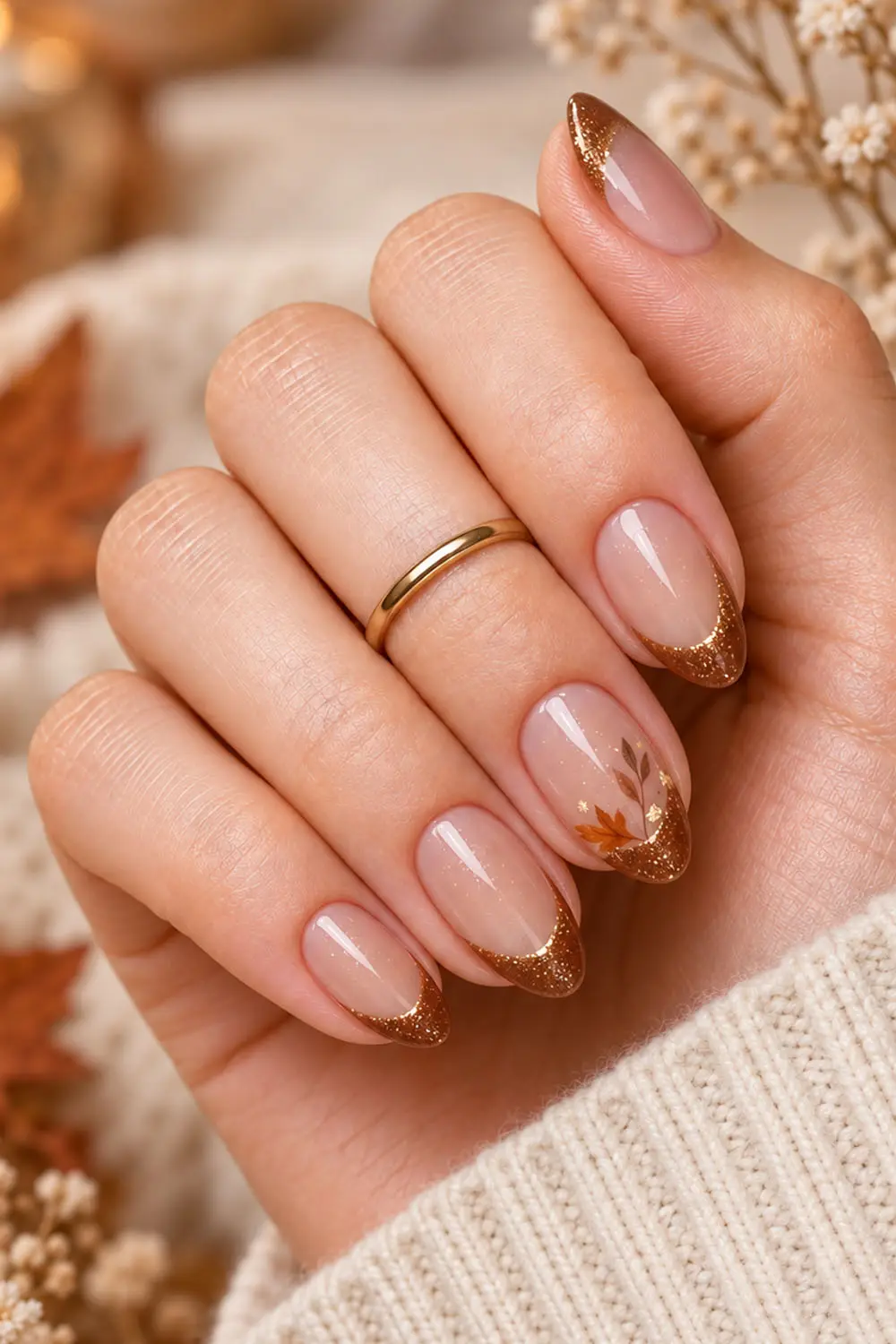 Short nude fall nails with copper french tips and a leaf accent Short nude fall nails with copper french tips and a leaf accent