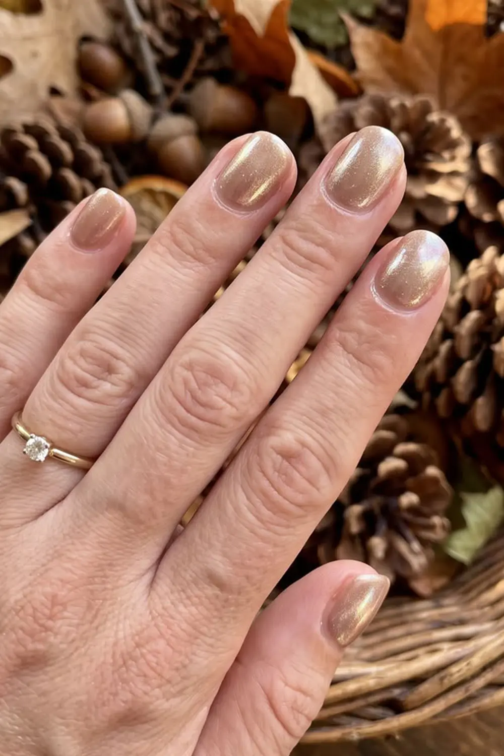 Short gold chrome glazed fall nails with a soft shimmer Short gold chrome glazed fall nails with a soft shimmer