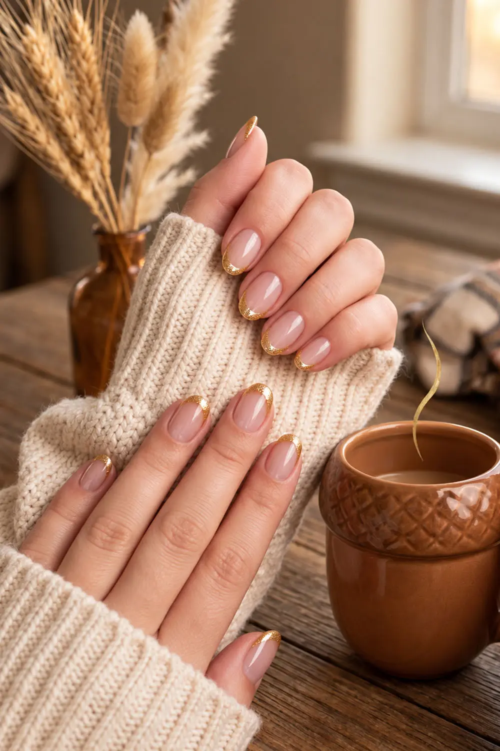 Short nude fall nails with thin gold french tips Short nude fall nails with thin gold french tips