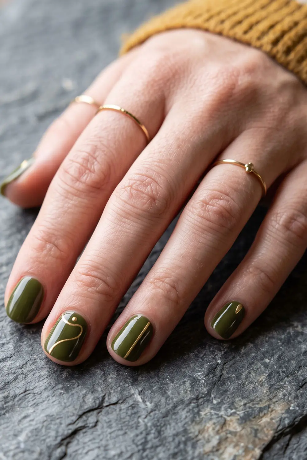 Short olive green fall nails with a thin gold line accent Short olive green fall nails with a thin gold line accent