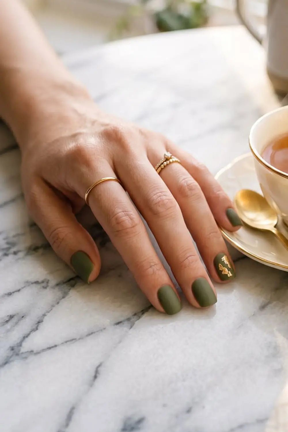 Short matte olive green fall nails with a gold accent Short matte olive green fall nails with a gold accent