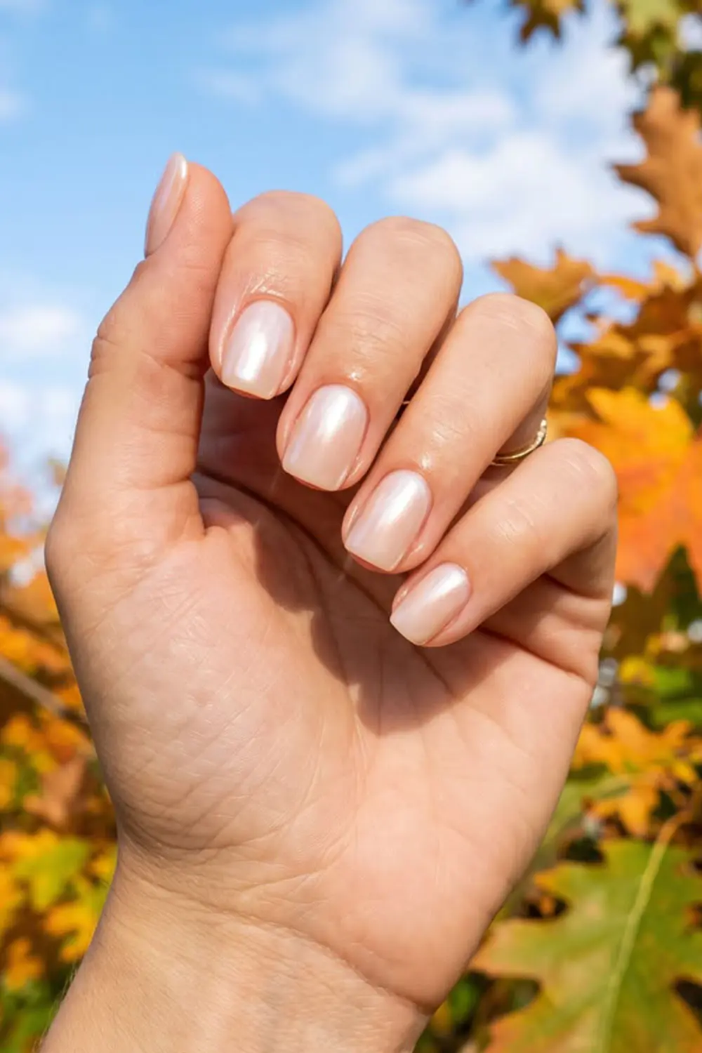 Short pearl white glazed fall nails with a soft iridescent finish Short pearl white glazed fall nails with a soft iridescent finish