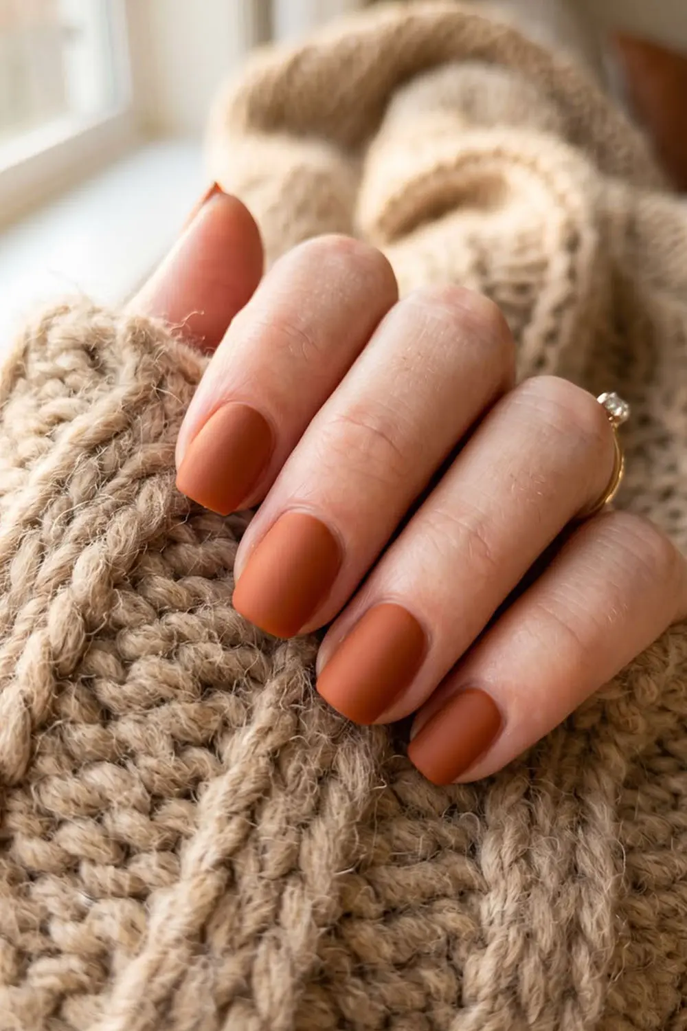 Short matte terracotta fall nails against a chunky knit Short matte terracotta fall nails against a chunky knit