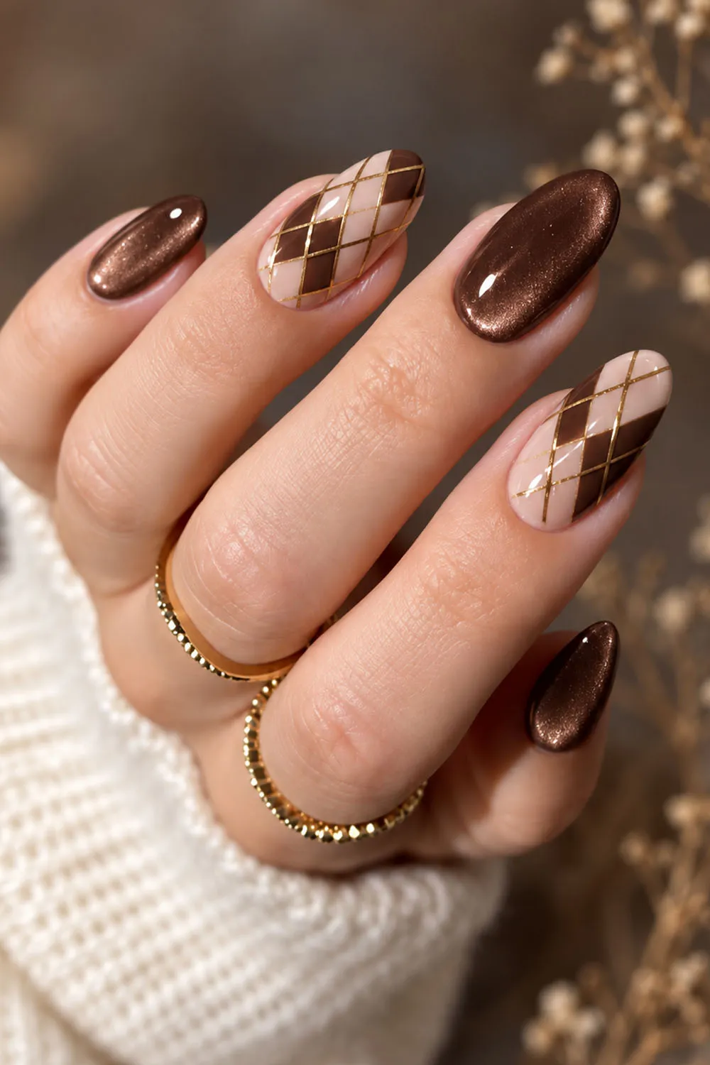 Short brown fall nails with an argyle plaid pattern on almond shaped tips Short brown fall nails with an argyle plaid pattern on almond shaped tips