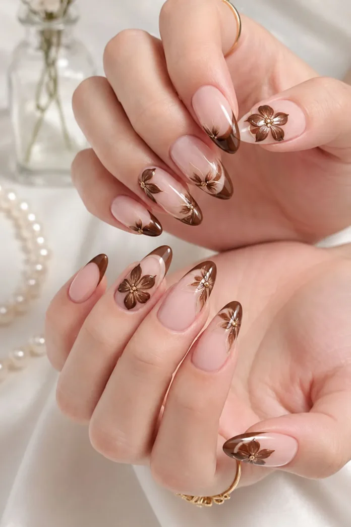 short-french-tip-fall-nails-brown-floral-accent-02 Short french tip fall nails in nude with brown floral decal accents