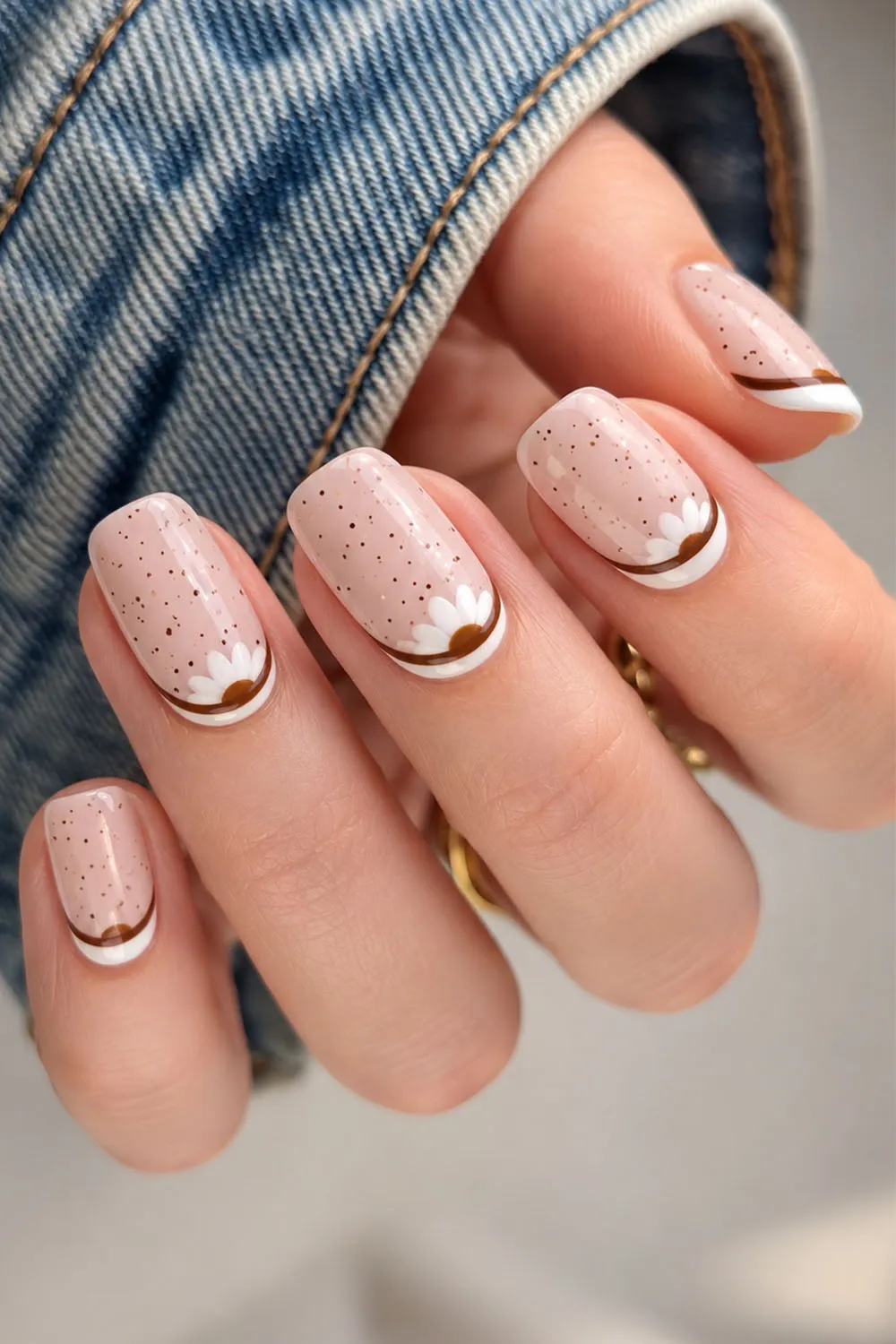 Short cream micro french nails with soft speckles over a nude base Short cream micro french nails with soft speckles over a nude base