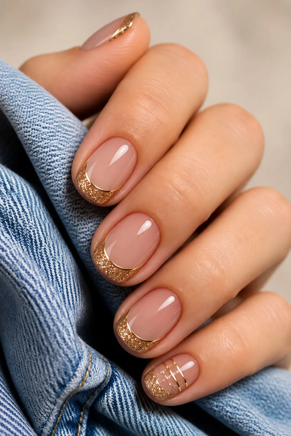 Short french tip fall nails with gold glitter tips over a nude base Short french tip fall nails with gold glitter tips over a nude base
