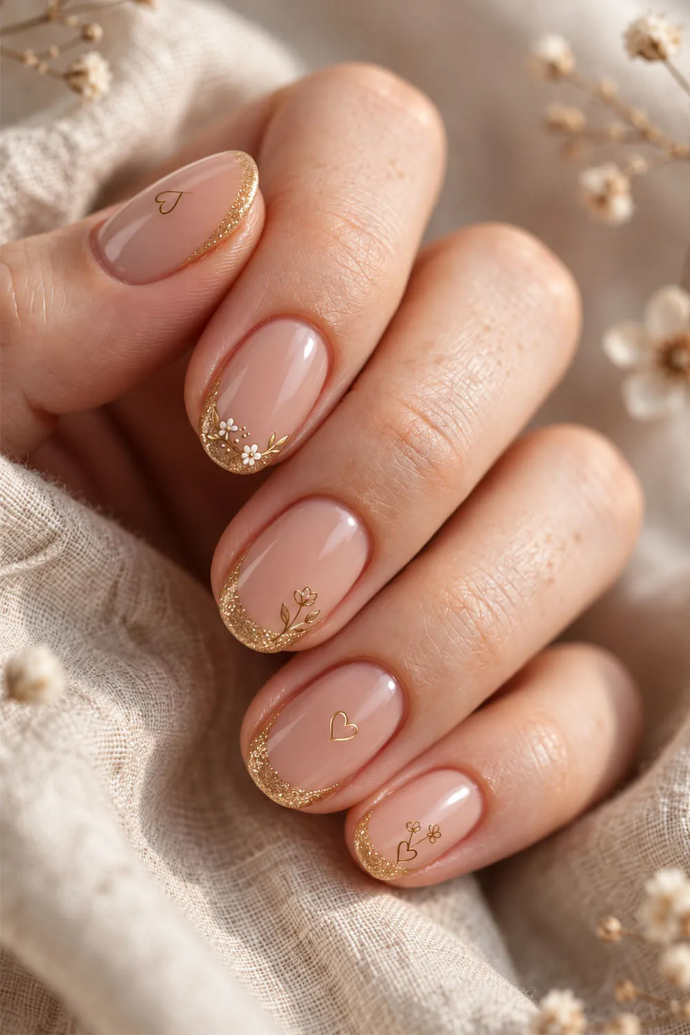 Short gold micro french nails with tiny botanical gold details Short gold micro french nails with tiny botanical gold details