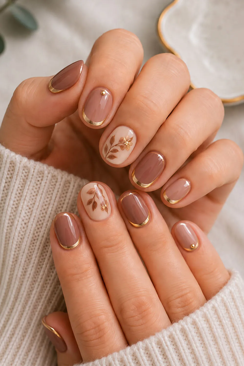 Short gold micro french nails with a delicate leaf accent design Short gold micro french nails with a delicate leaf accent design