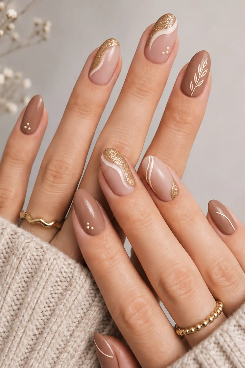 Short nude fall nails with soft gold swirl line details Short nude fall nails with soft gold swirl line details