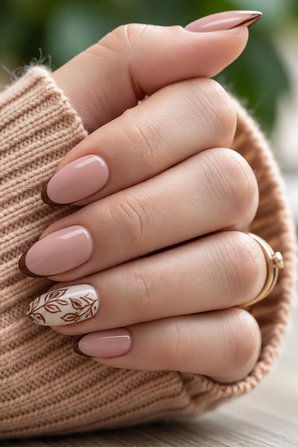 Short nude fall nails with a single gold leaf accent nail Short nude fall nails with a single gold leaf accent nail