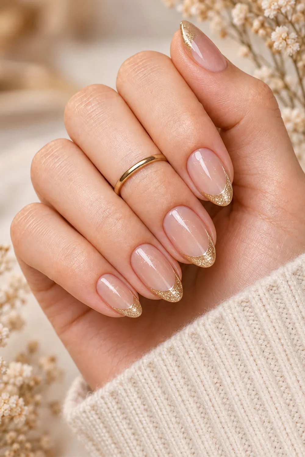 Short french tip fall nails with a thin gold edge over glazed nude Short french tip fall nails with a thin gold edge over glazed nude