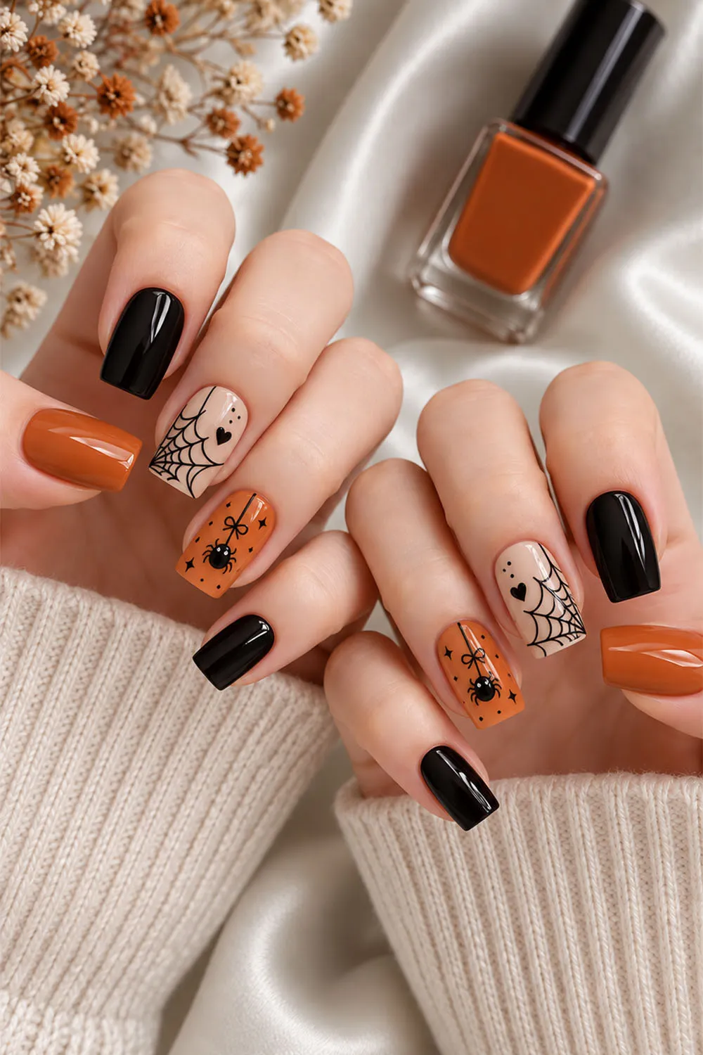 Short halloween nails in black and orange with spider and pumpkin details