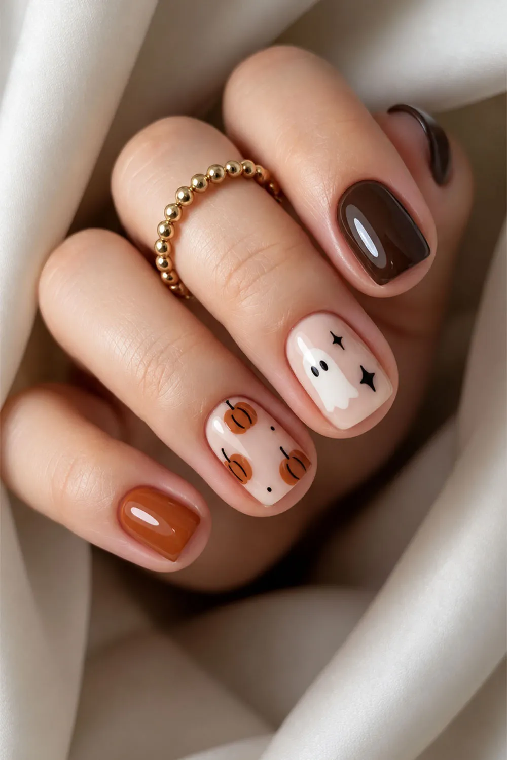 Short halloween nails in brown and cream with ghost and star details