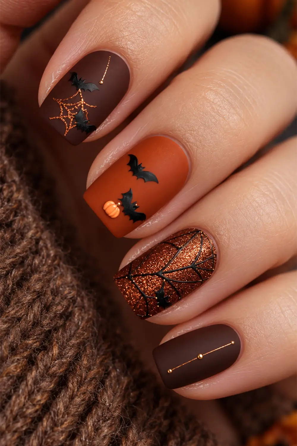 Short halloween nails in brown and rust with spiderweb and bat accents
